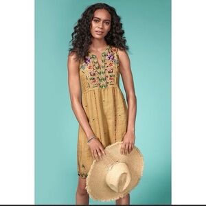 Johnny Was Maiorca Linen Embroidered Empire Sleeveless Yellow Boho Dress